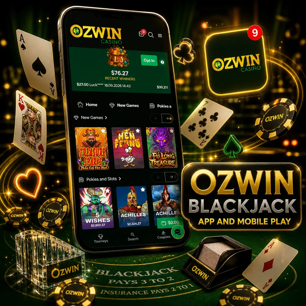 Ozwin blackjack app on mobile showing eight variants with responsive controls for betting, cards and fast browser play.