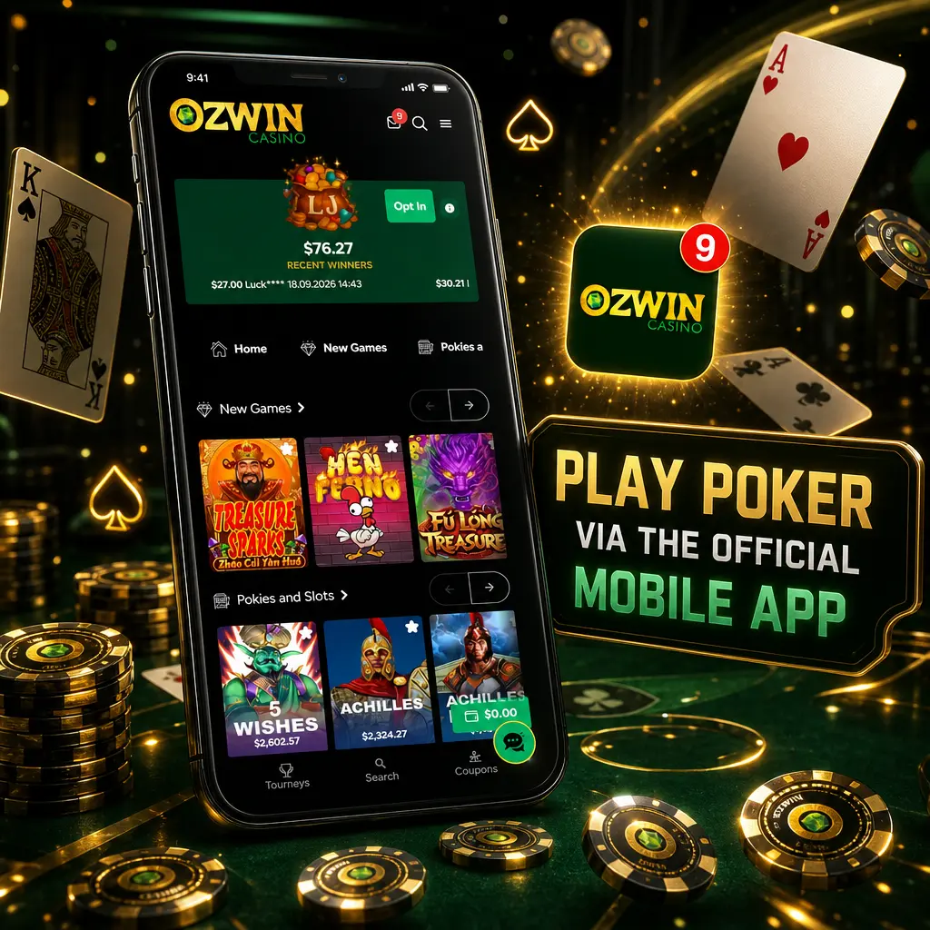 Ozwin mobile poker app on Android and iOS with synced accounts, real-money and demo play, and full poker game library.