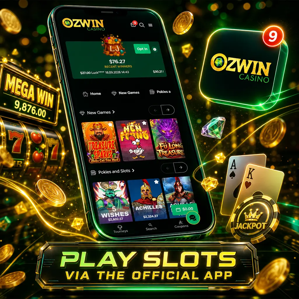 Ozwin app on phone screen showing pokies lobby with Cash Bandits 2 and Aztec's Millions slot titles