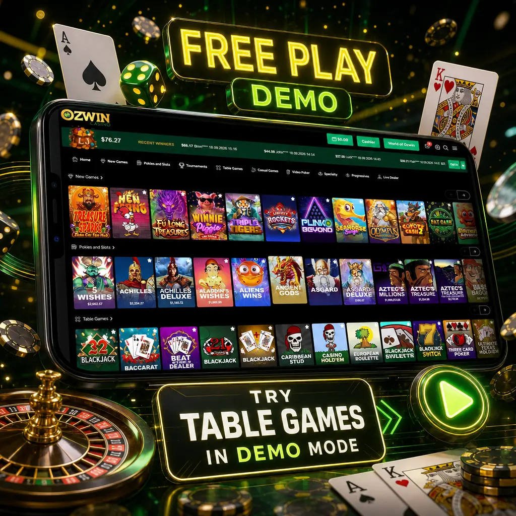 Play blackjack, roulette or baccarat in Ozwin's free demo mode to test strategies before betting real money.