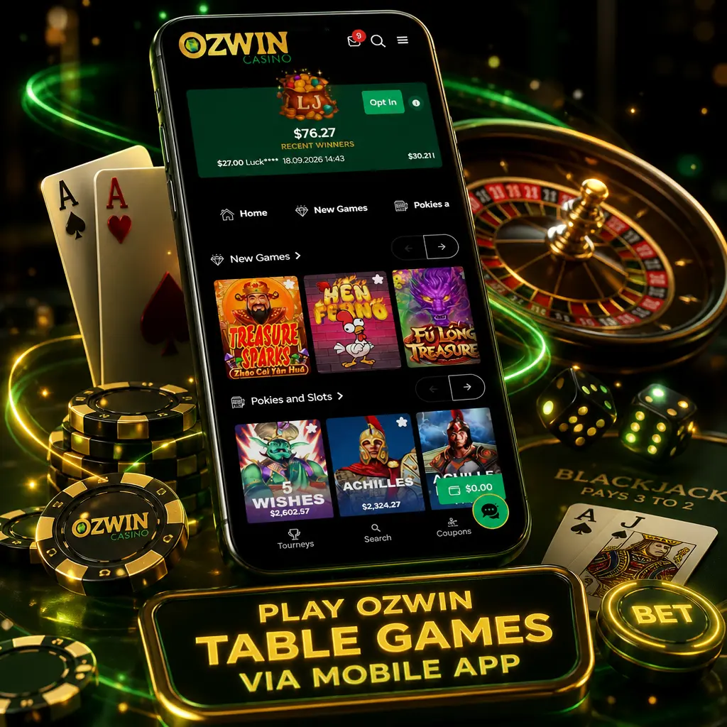 Ozwin mobile app screen showing table games catalogue with blackjack, roulette, baccarat and poker on Android or iOS.